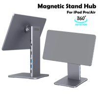 6 in 1 USB C Hub Multifunctional Magnetic Stand for iPad Pro Air 11inch/12.9inch 360°Rotation 80°Tilt Card Reader 4K@60Hz 60W PD