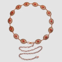 Fashion Rubine Decor Geometric Copper Plated Zinc Alloy Conchos Chain Belts for Women