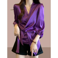 Blouse Women Satin Blouse Long Sleeve Shirt Women Plus Size Baju Kemeja Perempuan V-Neck Classy Blou