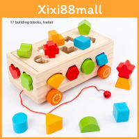 Wooden Iq Development Toy Pulling Cart With Geometric Forms And Color Matching For Early Learning