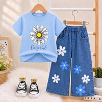 Setelan Jeans Kulot Anak Perempuan Fashion Kaos Lengan Pendek Celana Panjang Wide Leg 1-5 Tahun Biru