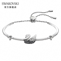 SWAROVSKI 施華洛世奇Swan 手鏈, 天鵝, 黑色, 鍍白金色
