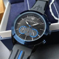 【MASERATI 瑪莎拉蒂】MASERATI手錶型號R8871612006(黑色錶面寶藍錶殼深黑色矽膠錶帶款)