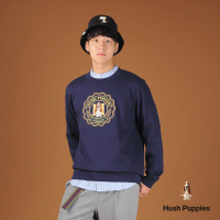 【Hush Puppies】男裝 上衣 經典學院風格紋品牌圖章刺繡狗大學T(丈青 / 44110203)