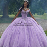 Mexican Purple Quinceanera Dress Ball Gown Lace Applique Beaded Sweet 16 Dress Princess Off Shoulder Vestidos De XV 15 Años