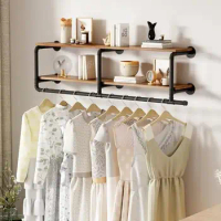 Industrial Pipe Wall Mounted Clothing Rack with Shelves Heavy Duty Display Garment Hanger Pegboard Storage Organizer