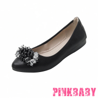 【PINKBABY】尖頭平底鞋 軟底平底鞋/小尖頭水晶珠串墜造型軟底平底鞋 蛋捲鞋(黑)