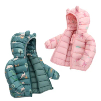 Baby Boys Girls Down Coats Long Sleeve Cartoon Dinosaur Print Jackets 1-5Yrs Kids Hooded Zipper Outerwear Spring Autumn
