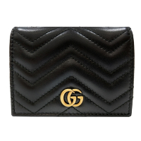【GUCCI 古馳】466492 GG Marmont matelasse系列絎縫紋牛皮金屬雙G LOGO暗釦卡夾/零錢包(黑色)