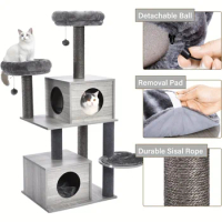 Modern Cat Tree, 51 Inches Wooden Cat Tower With 2 Super Large Cat Condos,