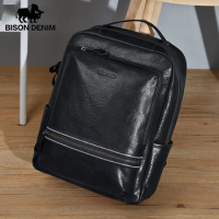 BISON DENIM 100% Genuine Leather Backpack Men Fashion Large Capacity Shoolbag For Teenager Cowhide Leather Laptop Backpack Men