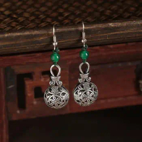 Yunnan National Style Earrings Retro Style Elegant Chinese Style to Make round Face Thin-Looked Earrings Sterling Silver Long
