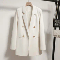 Autumn Winter 2024 Blazer Jacket for Women New Korean Fashion Long Sleeve Single Button Office Ladies Casual Coats