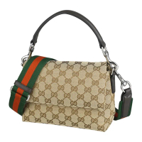 【GUCCI 古馳】GUCCI滿版雙G字LOGO緹花帆布翻蓋磁釦式手提/斜背包(男款/小/米x深棕)