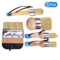 5Pcs Chalk Paint &amp; Wax Brush Natural Bristle Brush Set - Round Brush, 3 Piece Brush Set &amp; 4Inch Flat Brush