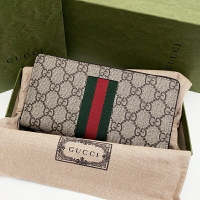 美國百分百【全新真品】Gucci 皮夾 長夾 歐洲精品 配件 錢包 經典 logo印花 綠紅織帶 咖啡 CW58
