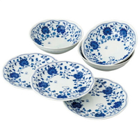 小禮堂 史努比 日本製 陶瓷碗盤組6入組 (藍唐草)