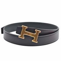 【Hermes 愛馬仕】經典金色條紋H LOGO雙面兩穿小牛皮腰帶/皮帶(32mm咖啡/深綠色H066050-COFFE-GR-OR)