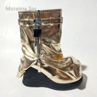 Gold Silver Round Toe Ankle Boots for Women Thick Bottom Western Boots Skirt Metal Belt Buckle Lock High Increasing Women Shoes