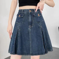 Retro Blue Denim Pleated Skirt For Women 2024 Summer Preppy Style High Waist A-Line Mini Skort Hot Girl Short Jean Skirt