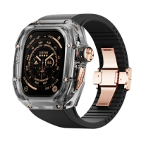For Apple Watch Ultra 2 49mm K9 Crystal Transparent Case Fluororubber Rubber Strap Conversion Protect iwatch black band