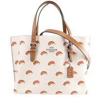 COACH MOLLIE 25 限定版彩虹印花手提斜背三層兩用包(白/淺棕)