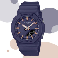 【CASIO 卡西歐】G-SHOCK WOMEN 八角形 玫瑰金時標 海軍藍 雙顯錶 女錶(GMA-P2100M-2A)