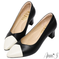 【Ann’S】此生最好穿-V口雙色小香拼接小羊皮備受呵護跟鞋6cm-版型偏大(米黑)