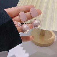 New Arrival Elegant Pink Big Pearl Pendant Stud Earrings For Women Trendy Gold Color Enamel Irregular Dangle Earrings Jewelry