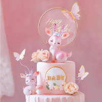 1Set Happy Birthday Acrylic Cake Topper Artificial Butterfly Flowers Head Baby Shower Party Decoration DIY Gift Baking Supplies