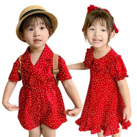 Kids Girls Dot Printed Dress Sister Red Outfit Cotton Clothes Short Sleeve Jumpsuit Princess Dress Pant Summer Children Costume