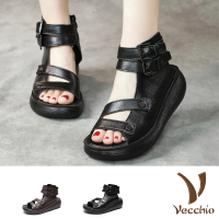 預購 Vecchio 真皮涼鞋 厚底涼鞋 皮帶涼鞋/真皮個性V字線條雙皮帶釦造型厚底涼鞋(2色任選)