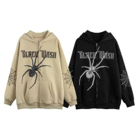2024 New American Style Spider Print Cardigan Sweatshirt Autumn Winter Fleece Men's Zipper Hoodie
