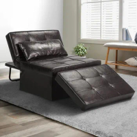 Sofa Bed Faux Leather 4in1 Convertible Chair Multi-Function Folding Ottoman Guest Sofa with Adjustable Sleeper Small Room Couch