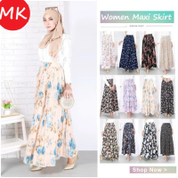 MK Long Skirt Muslimah Fashion Maxi Skirt Perempuan A line Floral Strong Elastic Flared Maxi Long Sk