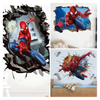 3D Broken Wall Spider-Man Marvel Avengers Wall Stickers For Kids Room Living Room Bedroom Wall Decoration SuperHero Movie Poster