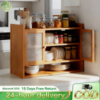 DR.LIFE Bamboo Multifunctional Countertop Kitchen Cabinet, 3-Door Storage Cupboard with Glass Doors,