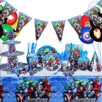 Marvel Avengers Birthday Party Dinner Set Flag Pulling Balloon Paper Plate Paper Cup Table Cloth League of Legends Marvel Party