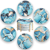 CoColemon Navy Blue Absorbent Coasters Set of 6 Marble Abstract Coaster with Holder Home Coffee Tabl