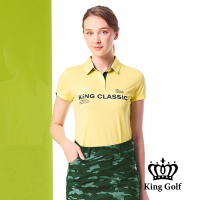 【KING GOLF】實體同步款-女款素色迷彩撞色領logo印花POLO衫/高爾夫球衫(黃色)