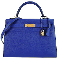 HERMES 愛馬仕 Kelly  Epsom防刮牛皮手提/肩背凱莉包(32CM/7T電光藍/金釦