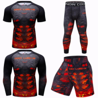 Bjj kaus MMA Rashguard 4 potong Set, pakaian olahraga latihan tinju penjaga ruam dan kompresi, celana pendek MMA Spat Kickboxing