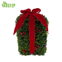 Christmas Decoration Gift Shape Cute Artificial Milan Grass Plants With Lights And Red Ribbon Berry New Year Party Xmas Gifts