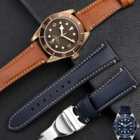 Italian Leather Watchband For Tudor Bronze Black Shield Citizen Tissot Watch Strap with Folding Clasp Bracelet Blue Brown 22mm