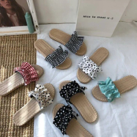 3-style slippers women polka dot sewing folds hemp flat slides gingham ruffles cane flipflop fresh heart fungus lace beach shoes