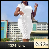 Elegant African Women Dresses White Party Dress Sexy Long Lace Sleeve Peplum Knee Length Christmas Event Evening Africa Gowns