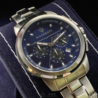 【MASERATI 瑪莎拉蒂】MASERATI手錶型號R8873621002(寶藍色錶面銀錶殼銀色精鋼錶帶款)