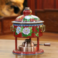 Red background peony flower copper tire cloisonné enamel gas stove hot pot one person and one pot