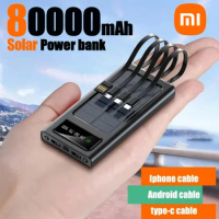 Xiaomi 80000mAh Solar Power Bank Built Cables Solar Charger 2 USB Ports External Super Fast Charger Powerbank with LED Light