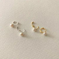 Small 18K Gold 100% REAL.925 Sterling silver freshwater Pearl piercing ear Hoop huggie Buckle Earring C-C916